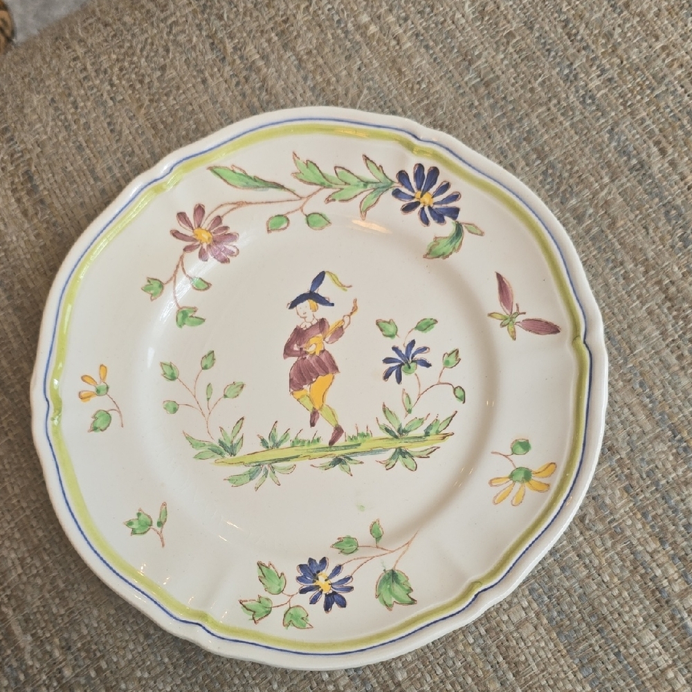 Longchamp Cream Ceramic Plate with Multicolor Floral and Musician Motif